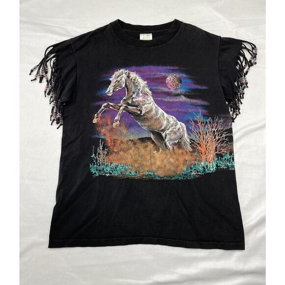 Vtg 90s Hazelwoods Horse Painted Black T-Shirt Made Beads USA Single Stitch - Picture 1 of 6